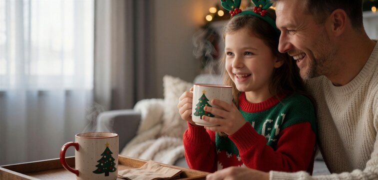 Cozy holiday Christmas breakfast moment featuring a smiling child and father enjoying hot chocolate in a sunlit living room setting.
