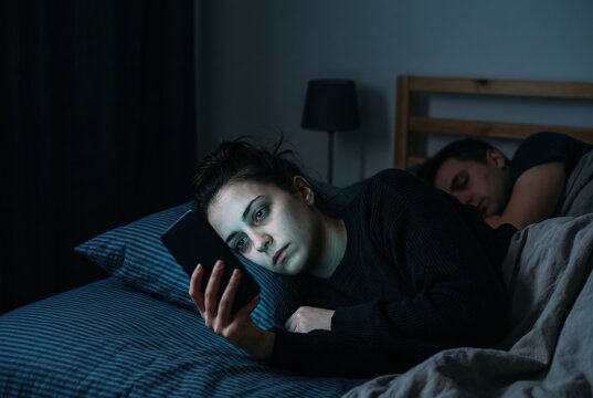 A young woman lies in bed at night, staring at her phone. Her partner is asleep next to her. The room is dimly lit. The woman appears absorbed in her device