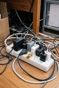 A power strip sits on the floor with several devices plugged in. The area is messy with many wires scattered around. Some outlets show signs of damage. These items are under a desk in a home office