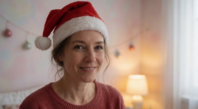 Cozy portrait of a smiling woman wearing a Santa hat, suggesting a warm holiday Christmas breakfast atmosphere at home.