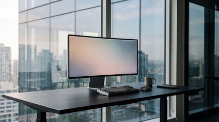 Fototapeta premium Minimalist Clean Desk Setup — Curved Monitor Workspace with City Glass Backdrop and Soft Daylight Clarity