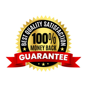 Gold 100 percent satisfaction money back guarantee badge with red ribbon on white background