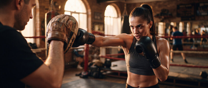 Boxing training with coach in gym ring, where a determined athletic woman in gloves punches focus pads under warm sunlight for fitness workout and combat sports promotion