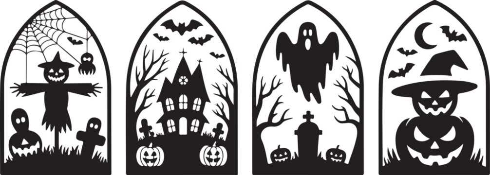 Halloween hanging door decor template with spooky ghost pumpkin witch and cat elements