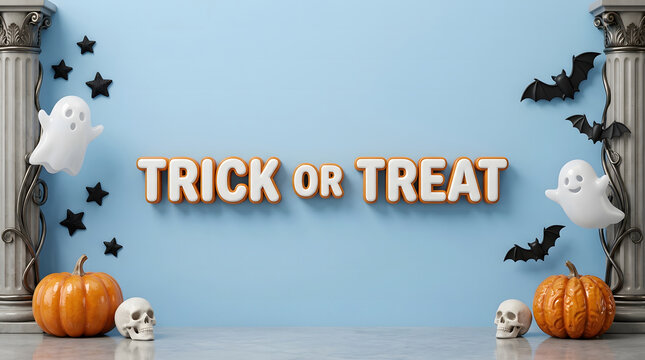Halloween background with trick or treat 3d text pumpkins ghosts bats and decorative columns on blue wall