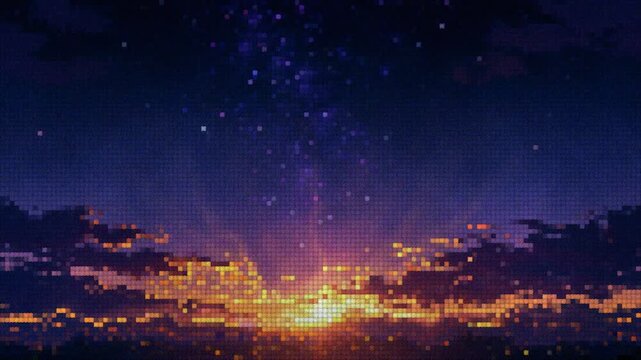 8-bit pixel art animation of a vibrant sunset sky with glowing clouds and twinkling stars.