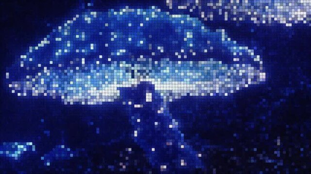 Digital pixel art illustration of a glowing blue fantasy mushroom emitting magical neon light particles, ideal for gaming, abstract themes, and retro synthwave backgrounds.