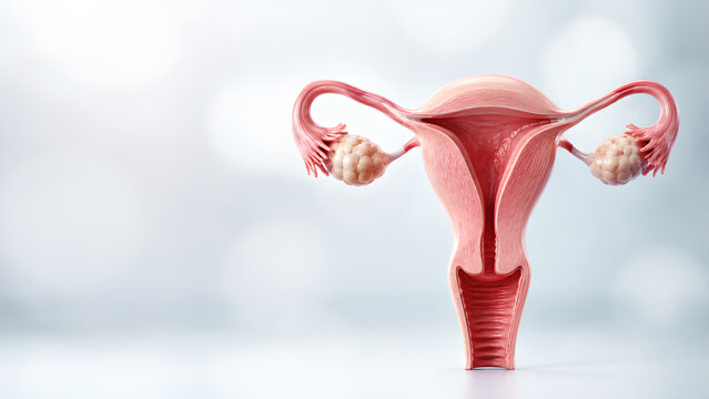 Female infertility reproductive system medical website banner showing uterus, fallopian tubes and ovaries with realistic clinical anatomy and copy space for healthcare and patient education