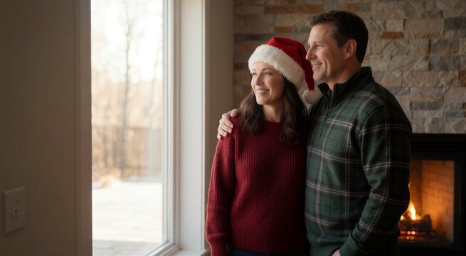 Couple enjoying Christmas hot chocolate after baking, standing by a bright window with a warm fireplace glow behind them.
