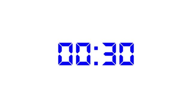 Countdown Digital Clock Animation 30 to 0 second Countdown digital clock timer icon.Animation of glowing 30 to 0 second countdown timer. minute stopwatch , analog clock icon animation. 4k video