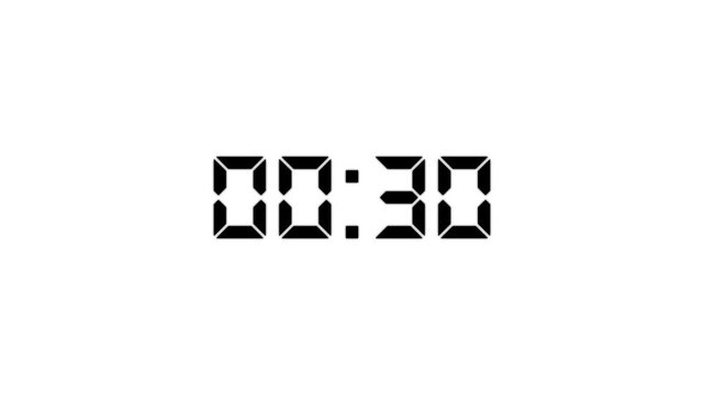 Countdown Digital Clock Animation 30 to 0 second Countdown digital clock timer icon.Animation of glowing 30 to 0 second countdown timer. minute stopwatch , analog clock icon animation. 4k video