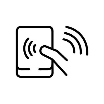 Mobile phone contactless payment signal icon with hand gesture line.