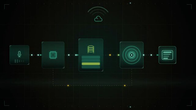 Abstract animated model retrieving documents to ground its answer drawn as cyan and teal lines and shapes on a deep dark background. Seamless looping 4K motion graphics video with free space for text,