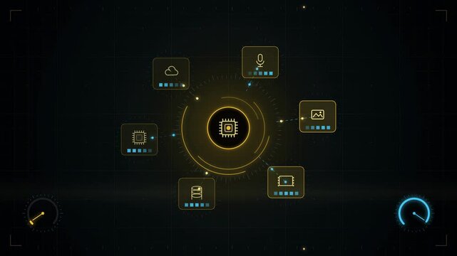 Abstract animated text, image and audio inputs meeting in one model drawn as yellow and gold lines and shapes on a deep dark background. Seamless looping 4K motion graphics video with free space for t