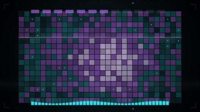 Abstract animated noise resolving into an image through denoising steps drawn as violet and blue lines and shapes on a deep dark background. Seamless looping 4K motion graphics video with free space f