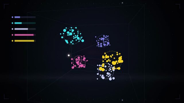 Abstract animated embeddings clustering in a vector space drawn as cyan and teal lines and shapes on a deep dark background. Seamless looping 4K motion graphics video with free space for text, ideal f