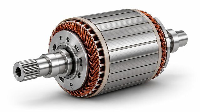 Electric Motor Rotor Core with Copper Hairpin Windings and Steel Shaft Isolated on White Background