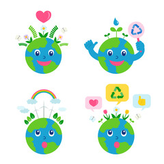 Fototapeta premium Earth Day Environmental Illustration with Flowers, Butterfly, Sprout, Recycling, Rainbow and Wind Turbines for a Sustainable Future
