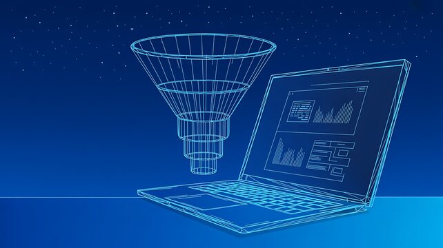 Abstract digital sales funnel with particles representing business optimization and customer journey 