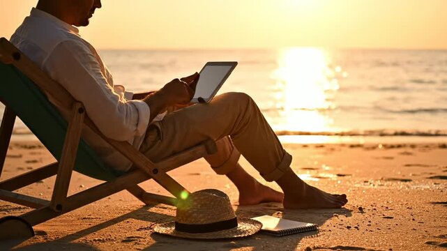 Man works on tablet sitting in beach chair during sunset. Businessman uses tablet at beach sunrise. Man with digital device on beach chair. Sunset work on tablet at sandy beach shore location.