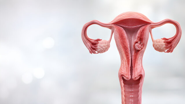 Uterus implantation medical website banner with embryo attached to endometrial lining, photorealistic reproductive anatomy illustration with copy space for fertility, pregnancy and patient education