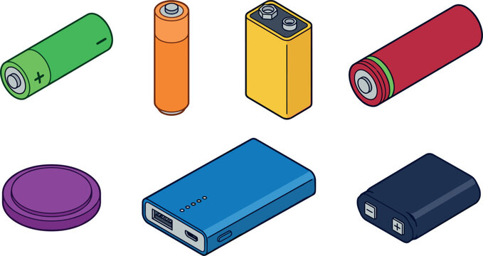 Isometric 3D Battery and Portable Power Bank Icon Set Featuring Alkaline Cells, Nine Volt, Lithium Coin, and Camera Accumulator Packs for Energy Supply Designs