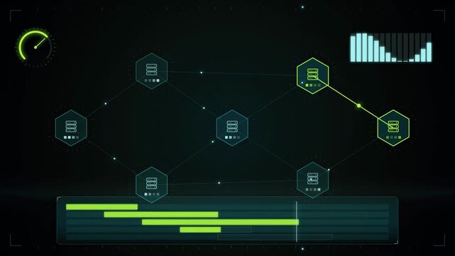 Abstract animated requests traced across a service mesh drawn as green and teal lines and shapes on a deep dark background. Seamless looping 4K motion graphics video with free space for text, ideal fo