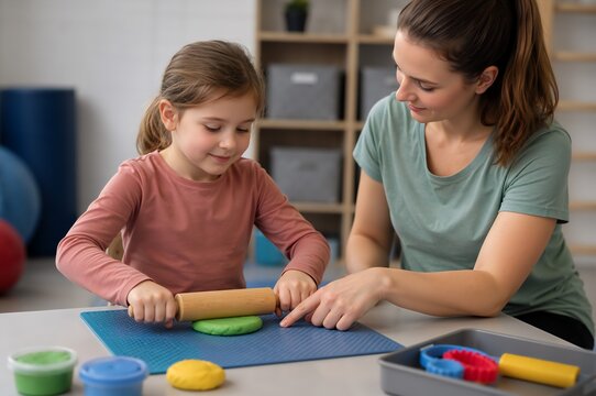 Child with autism engaged in sensory play using modeling clay at a therapy table. Occupational therapy activity supporting focus, communication, fine motor development, and neurodiversity awareness.