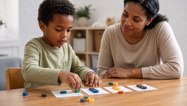 Woman therapist guiding a boy through a structured tabletop learning activity with colored shapes. Early intervention for autism, ADHD, speech delay and developmental support.