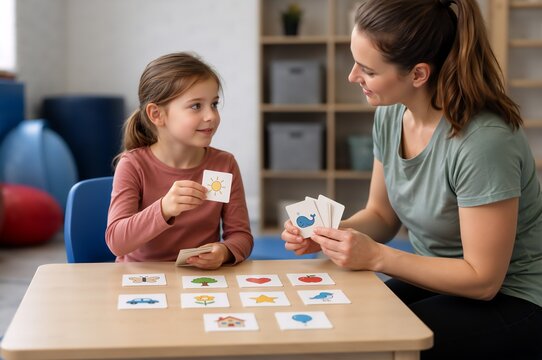 Woman therapist guiding a girl through picture card communication activity. Speech therapy and developmental support for autism, ADHD and delayed language skills in a classroom.