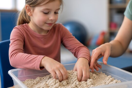 Young girl exploring sensory sand during therapeutic play activity for autism, attention deficit hyperactivity disorder, and developmental speech support in a child development setting