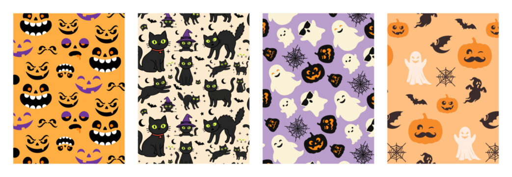 Halloween seamless pattern collection with spooky pumpkin faces black cats friendly ghosts spiderwebs and bats on colorful backgrounds.