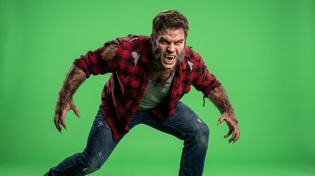 Furious Werewolf Man Snarling in Crouching Pose on Green Screen Background