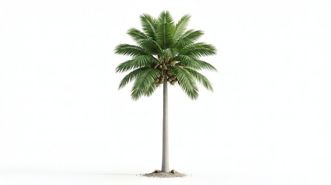 Tall coconut palm tree with lush green fronds and coconuts isolated on white background