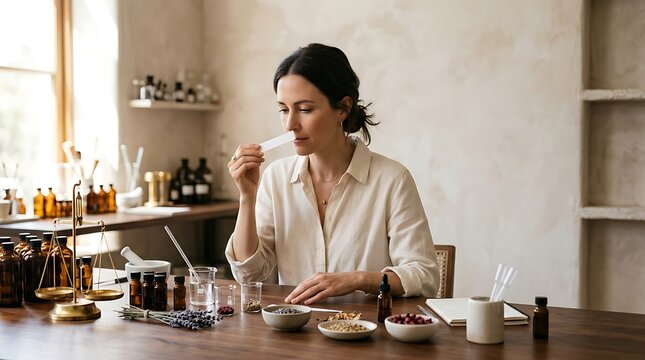Perfume Maker Smelling Essential Oils While Working In Her Natural