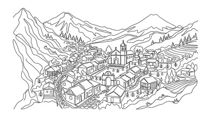 Fototapeta premium Continuous line drawing of a peaceful mountain village with houses and church