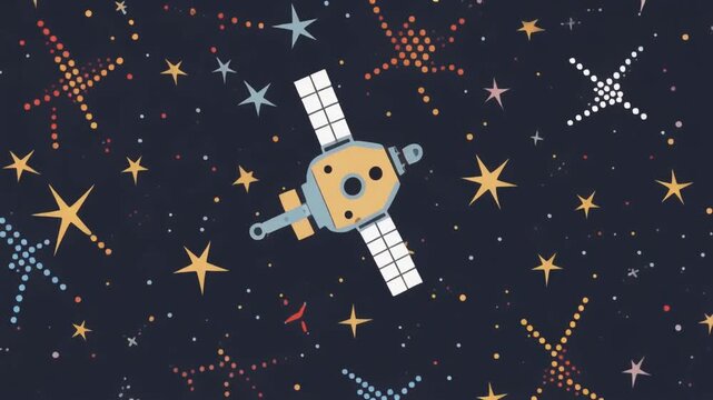 Satellite Orbiting Earth in Starry Space, Science Fiction Illustration