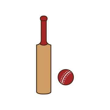 Cricket bat and ball in flat style, sports equipment illustration isolated on white background