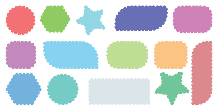 Different frames, Color rectangle frames with wiggly borders. Geometric shapes with scallop and zigzag edges set. Silhouette stickers circle, Scalloped edge seamless set, Postage stamp Sign Background