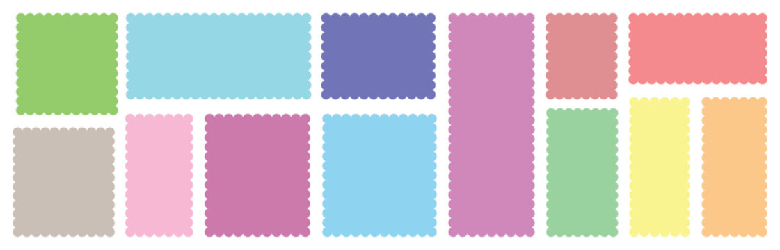 Different frames, Color rectangle frames with wiggly borders. Geometric shapes with scallop and zigzag edges set. Silhouette stickers circle, Scalloped edge seamless set, Postage stamp Sign Background