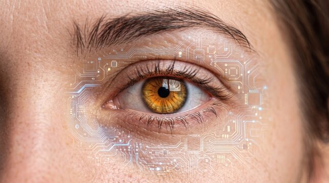 Close up of a human eye with futuristic digital circuit overlay representing cybernetics and advanced technology