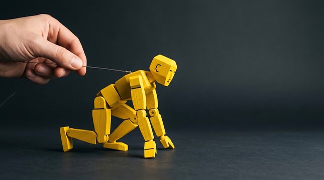 Hand Pulling Strings on a Yellow Wooden Puppet Illustrating Lack of