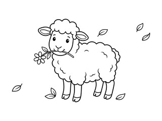 Cute lamb eating leaves with falling foliage hand drawn illustration isolated on transparent background © Abul