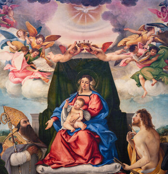 Bergamo - The renaissance painting of Madonna with the St. Catherine, Augustine, Sebastian, Anthony the Abbot in the church Chiesa di Santo Spirito by Lorenzo Lotto (1521).