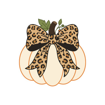 Leopard print bow on white pumpkin vector, autumn cheetah pattern ribbon, fall harvest gourd illustration for apparel isolated on White Background halloween