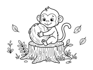 Cute monkey sitting on a tree stump hugging a coconut isolated on transparent background © Abul