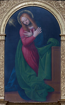 Novara -  The renaissance painting of Virgin Mary from Annunciation (part of polyptych) in the church Basilica di San Gaudenzio by Gaudenzio Ferrari (1514-1521).