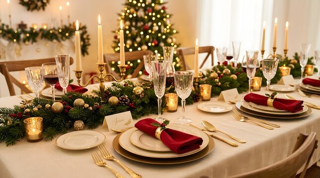 Elegant christmas dinner table setting with red napkins and festive decorations in a cozy dining room