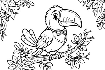 Cute cartoon toucan perched on a branch with leaves isolated on transparent background © Abul