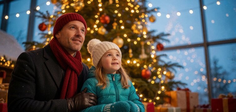A father and his young daughter share a moment of wonder gazing up at a brightly lit Christmas tree during the holiday season.